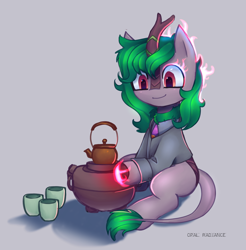 Size: 2800x2840 | Tagged: safe, artist:opal_radiance, oc, oc only, oc:skywell, kirin, nirik, commission, cup, fire, food, gray background, high res, mundane utility, simple background, solo, tea, teapot