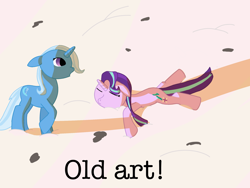 Size: 2048x1536 | Tagged: safe, artist:php176, starlight glimmer, trixie, pony, unicorn, g4, 2020, 2021, bad shading, beach, crossover, duo, duo female, ears back, eyes closed, female, floppy ears, looking at someone, lying down, mare, old art, open mouth, prone, sand, sleeping, smiling, steven universe, style emulation, text