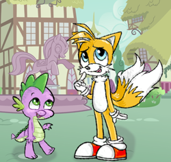 Size: 800x756 | Tagged: safe, artist:anonymare, spike, g4, converse, crossover, male, miles "tails" prower, shoes, sonic the hedgehog (series), tail