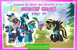 Size: 1960x1293 | Tagged: safe, gameloft, idw, admiral fairy flight, general flash, midnight strike, star hunter, tight ship, wing sock, earth pony, pegasus, pony, g4, my little pony: magic princess, advertisement, aviator goggles, clothes, collection, english, facial hair, female, flight suit, folded wings, glasses, goggles, group, hat, headphones, idw showified, male, mare, mobile game, moustache, shirt, spread wings, stallion, text, unnamed character, unnamed pony, wings