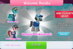 Size: 1267x857 | Tagged: safe, gameloft, idw, admiral fairy flight, general flash, wing sock, earth pony, pegasus, pony, g4, my little pony: magic princess, bundle, clothes, collection, costs real money, english, facial hair, folded wings, glasses, group, hat, idw showified, male, mobile game, moustache, numbers, shirt, stallion, text, wings