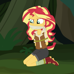 Size: 2000x2000 | Tagged: safe, artist:nie-martw-sie-o-mnie, sunset shimmer, human, equestria girls, equestria girls specials, g4, my little pony equestria girls: dance magic, arm behind back, bondage, bound and gagged, cloth gag, gag, high res, imagine spot, kneeling, rope, rope bondage, solo, tied up