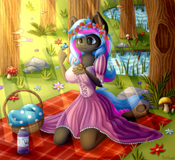 Size: 1280x1169 | Tagged: safe, artist:detka, oc, oc only, oc:obabscribbler, butterfly, earth pony, anthro, unguligrade anthro, basket, breasts, clothes, commission, crepuscular rays, dress, earth pony oc, floral head wreath, flower, forest, grass, mushroom, picnic basket, picnic blanket, pond, rock, solo, tree, water, water bottle, your character here