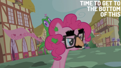 Size: 2000x1125 | Tagged: safe, edit, edited screencap, editor:quoterific, screencap, gummy, pinkie pie, alligator, earth pony, pony, g4, party of one, disguise, duo, duo male and female, female, groucho mask, male, mare, suspicious