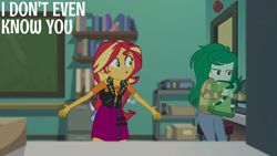 Size: 2000x1125 | Tagged: safe, edit, edited screencap, editor:quoterific, screencap, sunset shimmer, trixie, wallflower blush, human, equestria girls, equestria girls specials, g4, my little pony equestria girls: better together, my little pony equestria girls: forgotten friendship, :o, angry, backpack, duo focus, female, freckles, looking at someone, open mouth, sunset shimmer is not amused, trio, trio female, unamused, wallflower blush is not amused
