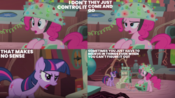 Size: 2000x1125 | Tagged: safe, edit, edited screencap, editor:quoterific, screencap, pinkie pie, twilight sparkle, earth pony, pony, unicorn, feeling pinkie keen, g4, basement, golden oaks library, unicorn twilight