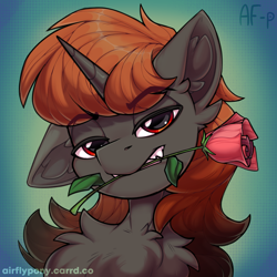 Size: 1500x1500 | Tagged: safe, artist:airfly-pony, oc, oc only, oc:spirit fireheart, pony, bust, chest fluff, ear fluff, flower, flower in mouth, gradient background, male, mouth hold, one ear down, portrait, rose, rose in mouth, solo