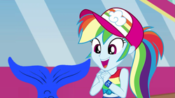 Size: 1139x640 | Tagged: safe, edit, edited screencap, editor:incredibubbleirishguy, screencap, rainbow dash, human, mermaid, equestria girls, equestria girls specials, g4, my little pony equestria girls: better together, my little pony equestria girls: spring breakdown, 1000 years in photoshop, cap, cute, dashabetes, excited, exposed belly, fish tail, front knot midriff, hat, mermaid tail, mermaidized, midriff, ponytail, species swap, tail, transformation