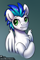 Size: 2000x3000 | Tagged: safe, artist:jedayskayvoker, oc, oc only, oc:hurrcio, pegasus, pony, bust, chest fluff, cute, folded wings, gradient background, green eyes, high res, hooves, icon, male, patreon, patreon reward, pegasus oc, portrait, smiling, solo, stallion, wing fluff, wings