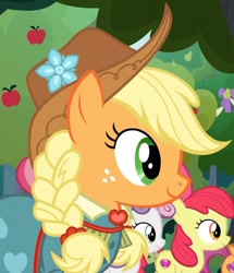 Size: 961x1117 | Tagged: safe, screencap, apple bloom, applejack, scootaloo, sweetie belle, earth pony, pegasus, pony, unicorn, g4, the big mac question, alternate hairstyle, apple, applejack's country dress, braid, clothes, cropped, dress, food, formal wear, gown, hat, odd one out, pear, sweet apple acres, tree