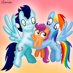 Size: 1400x1400 | Tagged: safe, artist:mlplary6, rainbow dash, scootaloo, soarin', pegasus, pony, g4, boyfriend and girlfriend, carrying, female, filly, flying, foal, gradient background, looking at each other, looking at someone, male, mare, scootalove, ship:soarindash, shipping, sibling love, siblings, sisters, sky, smiling, smiling at each other, stallion, straight, sunset, trio