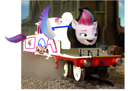 Size: 2100x1500 | Tagged: safe, edit, edited screencap, editor:allahda, screencap, zipp storm, pegasus, pony, g5, 1000 hours in ms paint, bad edit, female, real life background, thomas the tank engine, train, wings