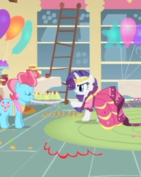 Size: 632x793 | Tagged: safe, screencap, cup cake, rarity, earth pony, pony, unicorn, a bird in the hoof, g4, alternate hairstyle, angry, annoyed, balloon, beautiful, clothes, cropped, cupcake, dress, food, gala dress, gown, jewelry, odd one out, party, rarity's first gala dress, sugarcube corner, table, tiara, tray