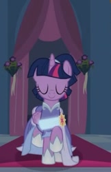Size: 352x543 | Tagged: safe, screencap, twilight sparkle, alicorn, pony, g4, the last problem, alternate hairstyle, beautiful, canterlot, canterlot castle, carpet, clothes, coronation, cropped, curtains, dress, elegant, evening, eyes closed, flower, gown, regal, second coronation dress, solo, twilight sparkle (alicorn), walking