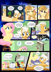 Size: 3259x4607 | Tagged: safe, artist:estories, discord, fluttershy, oc, oc:alice goldenfeather, oc:fable, draconequus, pegasus, pony, comic:nevermore, g4, ..., apple, bread, breakfast, comic, cup, egg, food, jam, messy mane, mouth hold, muffin, pegasus oc, question mark, show accurate, speech bubble, teacup, toast, toaster