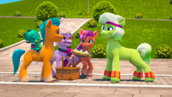 Size: 1920x1080 | Tagged: safe, screencap, grandma figgy, hitch trailblazer, minty (g5), sparky sparkeroni, sunny starscout, dragon, earth pony, pony, g5, my little pony: make your mark, my little pony: make your mark chapter 4, spoiler:my little pony: make your mark chapter 4, spoiler:mymc04e01, clothes, female, g1 to g5, generation leap, grandmother and grandchild, grandmother and grandson, headband, leg warmers, male, mane stripe sunny, mare, stallion