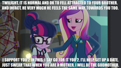 Size: 1920x1080 | Tagged: safe, anonymous editor, edit, edited screencap, screencap, dean cadance, princess cadance, sci-twi, twilight sparkle, human, equestria girls, g4, my little pony equestria girls: friendship games, accessory, caption, clothes, crystal prep academy, crystal prep academy uniform, cutie mark on clothes, dialogue, glasses, hairpin, impact font, implied incest, implied infidelity, implied sex, implied shiningsparkle, implied shipping, implied straight, implied twicest, incest, indoors, jacket, meme, necktie, school, school uniform, schoolgirl, shirt, skirt, talking, text, text edit, this will end in pregnancy, this will end in snu snu, vest
