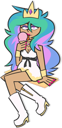 Size: 4550x9360 | Tagged: safe, artist:threetwotwo32232, princess celestia, human, g4, boots, clothes, crown, dark skin, dress, eyebrows, eyebrows visible through hair, eyeshadow, food, humanized, ice cream, jewelry, licking, lipstick, looking at you, makeup, nail polish, regalia, shoes, simple background, solo, tongue out, transparent background