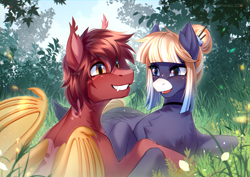 Size: 3507x2480 | Tagged: safe, artist:fenwaru, oc, oc only, oc:kimono silk, oc:meteor glow, bat pony, pegasus, pony, bat pony oc, blaze (coat marking), blushing, choker, coat markings, cute, duo, duo male and female, facial markings, fangs, female, freckles, hair bun, happy, high res, looking at each other, looking at someone, male, mare, meadow, mottled coat, outdoors, pegasus oc, sharp teeth, shipping, smiling, stallion, straight, teeth, white muzzle