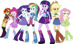 Size: 1080x658 | Tagged: safe, edit, edited screencap, editor:incredibubbleirishguy, screencap, applejack, fluttershy, pinkie pie, rainbow dash, rarity, sunset shimmer, twilight sparkle, human, equestria girls, g4, my little pony equestria girls: rainbow rocks, angry, background removed, backpack, cookie, female, food, humane five, humane seven, humane six, mouth hold, simple background, the rainbooms, transparent background