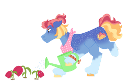 Size: 1280x854 | Tagged: safe, artist:itstechtock, oc, oc only, oc:sunrise starshine, earth pony, pony, amputee, body freckles, butt freckles, female, flower, freckles, magical lesbian spawn, mare, missing limb, offspring, parent:izzy moonbow, parent:sunny starscout, parents:moonscout, simple background, solo, stump, transparent background, unshorn fetlocks, watering can
