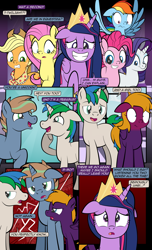 Size: 1920x3168 | Tagged: safe, artist:alexdti, applejack, fluttershy, pinkie pie, rainbow dash, rarity, twilight sparkle, oc, oc:brainstorm (alexdti), oc:purple creativity, oc:star logic, alicorn, pegasus, pony, unicorn, comic:quest for friendship, g4, the last problem, crown, jewelry, mane six, older, older twilight, older twilight sparkle (alicorn), princess twilight 2.0, regalia, twilight sparkle (alicorn)