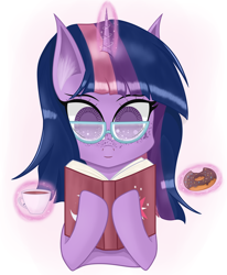 Size: 3080x3740 | Tagged: safe, artist:krymak, twilight sparkle, pony, g4, book, coffee, donut, female, food, freckles, glasses, glowing, glowing horn, high res, horn, mare, reading, simple background, smiling