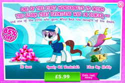 Size: 1958x1297 | Tagged: safe, gameloft, earth pony, pony, g4, my little pony: magic princess, advertisement, airship, bush, clothes, costs real money, english, female, gem, glasses, hat, introduction card, mare, mobile game, numbers, sale, shirt, solo, text, unnamed character, unnamed pony