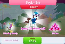 Size: 1261x858 | Tagged: safe, gameloft, earth pony, pony, g4, my little pony: magic princess, airship, bundle, bush, clothes, costs real money, english, female, gem, glasses, hat, mare, mobile game, numbers, sale, shirt, skydreamer, solo, style set, text