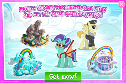 Size: 1956x1300 | Tagged: safe, gameloft, admiral fairy flight, commander easy glider, general firefly, wind sock, earth pony, pegasus, pony, g4, my little pony: magic princess, advertisement, aviator goggles, banner, book, clothes, english, flag, glasses, glider, goggles, hat, jacket, mobile game, rainbow, spread wings, statue, sunglasses, text, wings