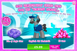 Size: 1965x1302 | Tagged: safe, gameloft, wing sock, earth pony, pony, g4, my little pony: magic princess, advertisement, clothes, costs real money, english, facial hair, gem, glasses, hat, introduction card, magic coins, male, mobile game, moustache, numbers, sale, shirt, solo, stallion, text