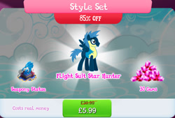 Size: 1267x857 | Tagged: safe, gameloft, star hunter, pegasus, pony, g4, my little pony: magic princess, bundle, bush, clothes, costs real money, english, flight suit, gem, male, mobile game, numbers, sale, solo, spread wings, stallion, statue, style set, text, wings
