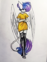 Size: 810x1080 | Tagged: safe, artist:anastas, oc, oc only, oc:amethyst dawn, pegasus, anthro, blue eyes, blue hair, blue tail, clothes, crossed arms, embarrassed, equine, eyelashes, eyeliner, female, gradient hair, looking away, makeup, purple hair, purple tail, shirt, simple background, socks, solo, spread wings, standing, stocking feet, stockings, t-shirt, tail, thigh highs, traditional art, white coat, wings