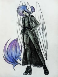 Size: 1620x2160 | Tagged: safe, artist:anastas, oc, oc only, oc:amethyst dawn, pegasus, anthro, angry, belt, black coat, blue eyes, blue hair, blue tail, boots, clothes, ear piercing, earring, equine, eyelashes, eyeliner, female, glasses, gradient hair, hand in pocket, jewelry, makeup, necklace, pants, piercing, purple hair, purple tail, shoes, simple background, solo, spread wings, tail, traditional art, trenchcoat, white coat, wings