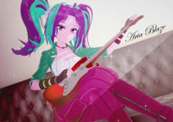 Size: 1532x1080 | Tagged: safe, artist:stellarwools, aria blaze, human, equestria girls, g4, guitar centered, 3d, beautiful, clothes, couch, crossed legs, electric guitar, female, guitar, koikatsu, looking at you, musical instrument, pigtails, twintails