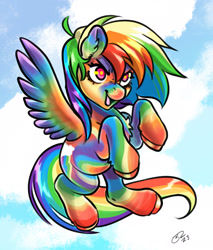 Size: 2476x2909 | Tagged: safe, artist:opalacorn, rainbow dash, pegasus, pony, g4, ear fluff, female, flying, high res, mare, open mouth, open smile, signature, smiling, smirk, solo, spread wings, the worlds rainbowest dash, wings