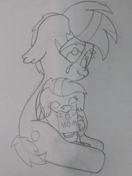 Size: 3456x4608 | Tagged: safe, artist:acid flask, oc, oc only, oc:blood moon, oc:midnight flask, bat pony, 2d, card, crying, drawing, duo, female, filly, floppy ears, foal, happy, hug, hug from behind, looking down, mare, mother and child, mother and daughter, mother's day, sitting, tears of joy, traditional art