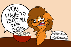Size: 1280x851 | Tagged: safe, artist:cowsrtasty, oc, oc:venus spring, pony, unicorn, bowl, braces, confused, dialogue, egg, meme, offscreen character, solo, speech bubble, venus spring having a bad time, you have to eat all the eggs