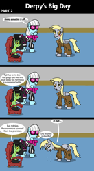 Size: 1920x3516 | Tagged: safe, artist:platinumdrop, derpy hooves, photo finish, oc, oc:filly anon, earth pony, pegasus, pony, comic:derpy's big day, g4, 3 panel comic, blushing, chair, clothes, comic, commission, crying, dialogue, dress, embarrassed, female, filly, folded wings, frown, hat, hoof on chin, indoors, looking at each other, looking at someone, looking away, looking down, mare, monocle, muffin, open mouth, raised hoof, sad, scrunchy face, sitting, speech bubble, sunglasses, talking, tears of sadness, thinking, trio, wings, wings down