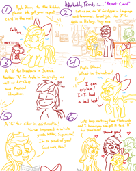 Size: 4779x6013 | Tagged: safe, artist:adorkabletwilightandfriends, apple bloom, applejack, big macintosh, granny smith, earth pony, pony, comic:adorkable twilight and friends, g4, adorkable, adorkable friends, antlers, apple family, backpack, bedroom, bloom butt, book, bow, butt, cabinet, clothes, comic, cute, dork, excuse, family, female, filly, foal, happy, jar, kitchen, looking at each other, looking at someone, love, mare, nervous, nodding, plot, plushie, report card, schoolgirl, sink, slice of life, smiling, smiling at each other, support