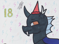 Size: 815x620 | Tagged: safe, artist:alejandrogmj, artist:wasisi, oc, oc:wasisi, changeling, changeling oc, hat, party hat, simple background, traditional art, white background