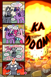 Size: 1567x2351 | Tagged: safe, artist:virmir, fluttershy, pinkie pie, rainbow dash, rarity, twilight sparkle, oc, oc:virmare, oc:virmir, alicorn, earth pony, pegasus, pony, unicorn, comic:so you've become a pony villain, g4, berserk button, comic, confetti, dialogue, explosion, fire, floppy ears, glowing, glowing horn, god damn it pinkie, gritted teeth, horn, magic, music notes, nuclear explosion, onomatopoeia, overreaction, pony oc, ponyville, sound effects, speech bubble, spontaneous song, teeth, too dumb to live, twilight sparkle (alicorn), twitching