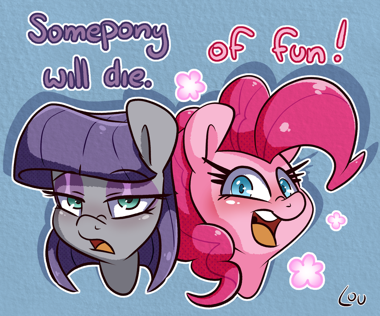 [bust,duo,earth pony,eyeshadow,female,looking at you,makeup,meme,pinkie pie,pony,portrait,safe,siblings,sisters,ponified meme,parks and recreation,maud pie,smiling,smiling at you,artist:lou]