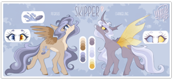 Size: 3842x1765 | Tagged: safe, artist:ezzerie, oc, oc only, oc:skipper, changeling, pegasus, pony, concave belly, holeless, pale belly, redesign, reference sheet, solo