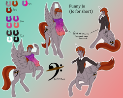 Size: 5927x4738 | Tagged: safe, artist:bryony6210, oc, oc only, oc:funny jo, alicorn, centaur, taur, equestria girls, g4, alitaur, business suit, centaur oc, clothes, dress, eyes closed, female, four arms, gradient background, heterochromia, horn, jacket, long hair, long horn, looking at you, multiple arms, raised hoof, reference sheet, sitting, smiling, solo, strapless, stretching, suit