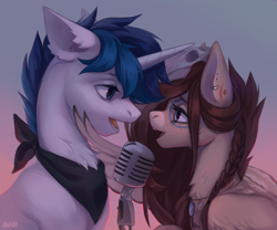 Size: 3600x3000 | Tagged: safe, artist:miurimau, oc, oc only, oc:blueberry pi, oc:ondrea, pegasus, pony, unicorn, chest fluff, freckles, gradient background, high res, microphone