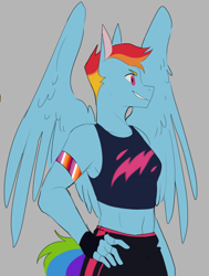 Size: 596x789 | Tagged: safe, artist:superduperath, rainbow dash, pegasus, anthro, g4, armband, clothes, fingerless gloves, gloves, grin, midriff, pride flag, smiling, solo, sports bra, tank top