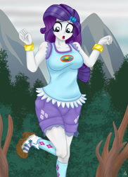 Size: 1280x1761 | Tagged: safe, artist:lennondash, rarity, human, equestria girls, g4, legend of everfree, boots, bracelet, breasts, busty rarity, camp everfree logo, camp everfree outfits, clothes, collarbone, cutie mark on clothes, eyeshadow, hairpin, jewelry, makeup, marshmelodrama, mud, muddy, rain, rarity being rarity, shirt, shoes, shorts, socks, solo, teenager