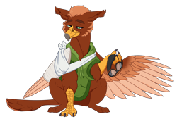 Size: 4449x3000 | Tagged: safe, artist:ganashiashaka, oc, oc only, oc:pavlos, griffon, aviator goggles, bandage, broken bone, broken wing, cast, claws, colored wings, eared griffon, goggles, griffon oc, injured, one wing out, sad, simple background, sling, solo, transparent background, wings
