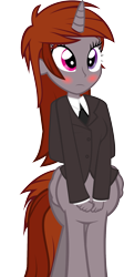 Size: 897x2000 | Tagged: safe, artist:razoruniboop, edit, oc, oc only, oc:funny jo, alicorn, centaur, taur, equestria girls, g4, alitaur, blushing, business suit, centaur oc, clothes, female, four arms, frown, hands in front of body, heterochromia, horn, multiple arms, necktie, sad, simple background, solo, transparent background, wings